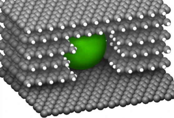 Nanoparticle etching a tunnel into graphite